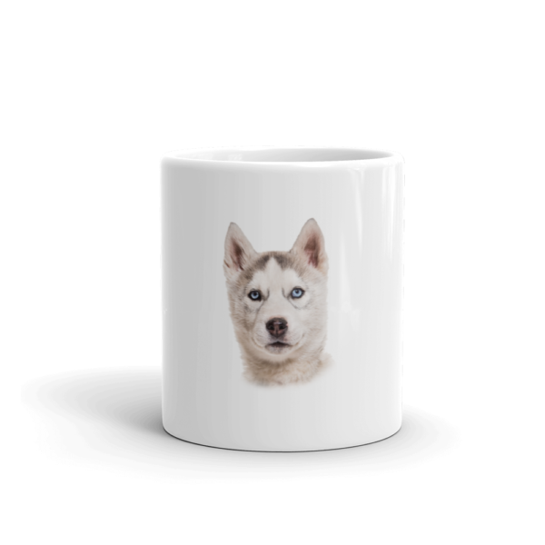 Weiße, glänzende Tasse mit Husky Welpe Design