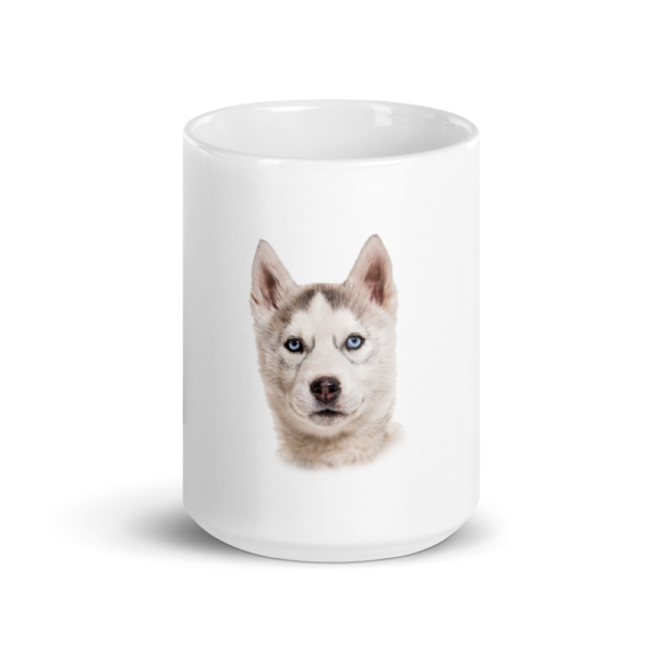 Weiße, glänzende Tasse mit Husky Welpe Design